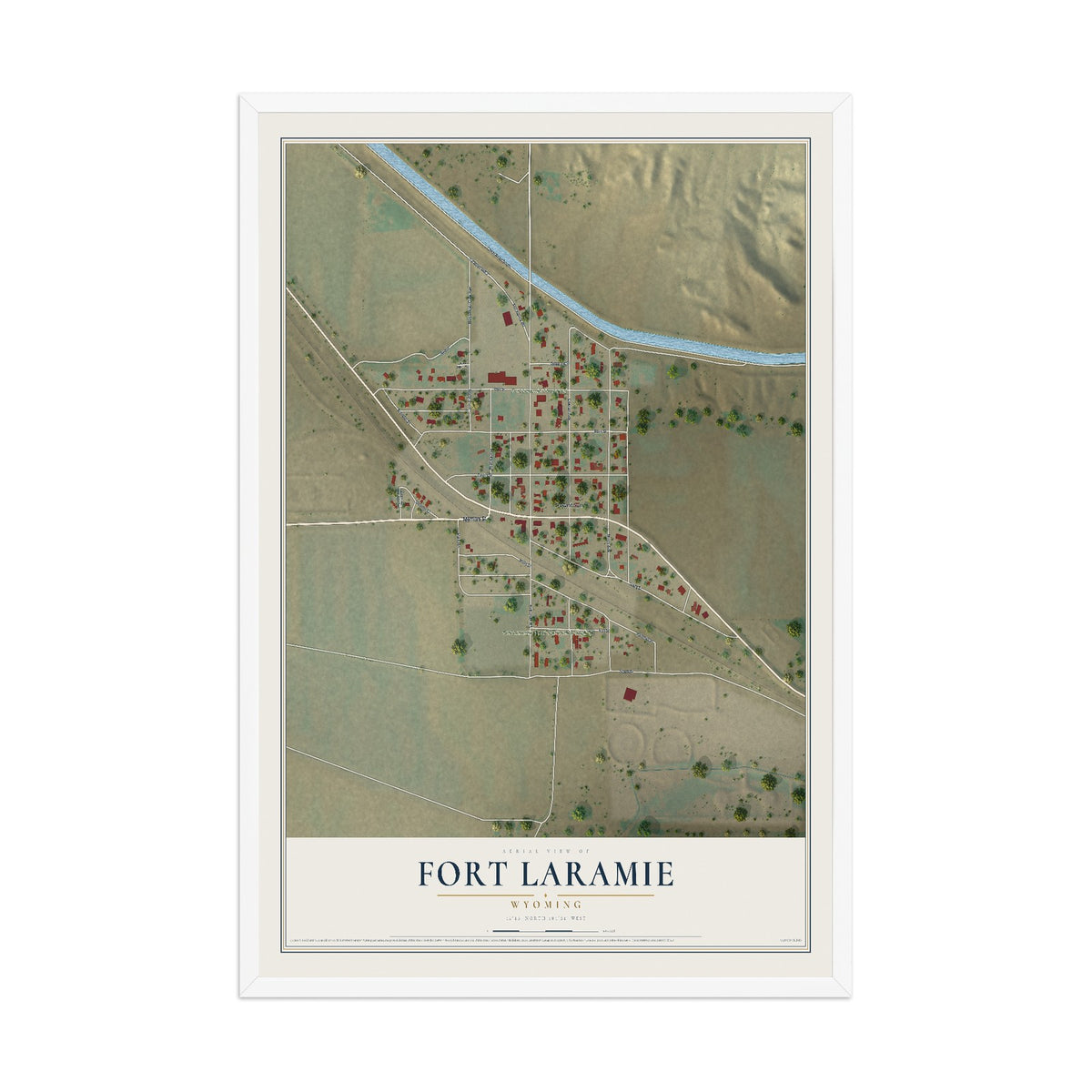 Map of Fort Laramie, Wyoming, 12 x 18 inch print in a white wood frame