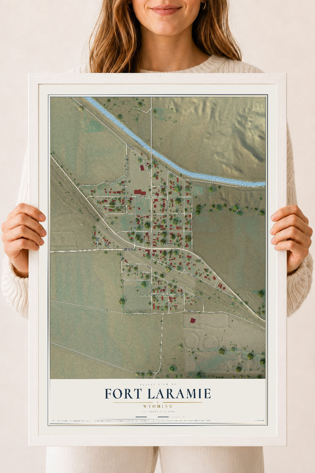 Map of Fort Laramie, Wyoming, 18 x 24 inch print in a white wood frame