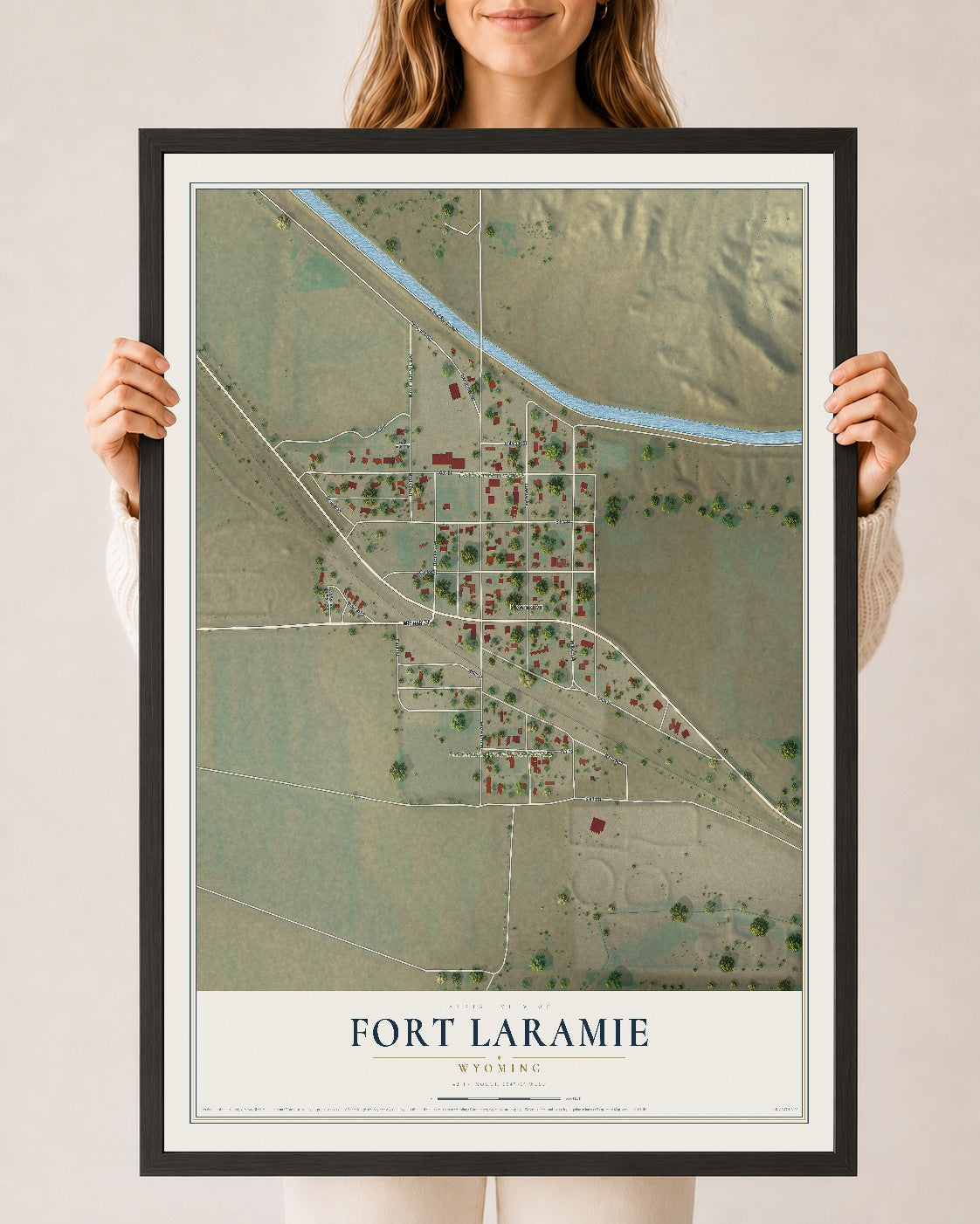 Map of Fort Laramie, Wyoming, 24 x 36 inch print in a black wood frame