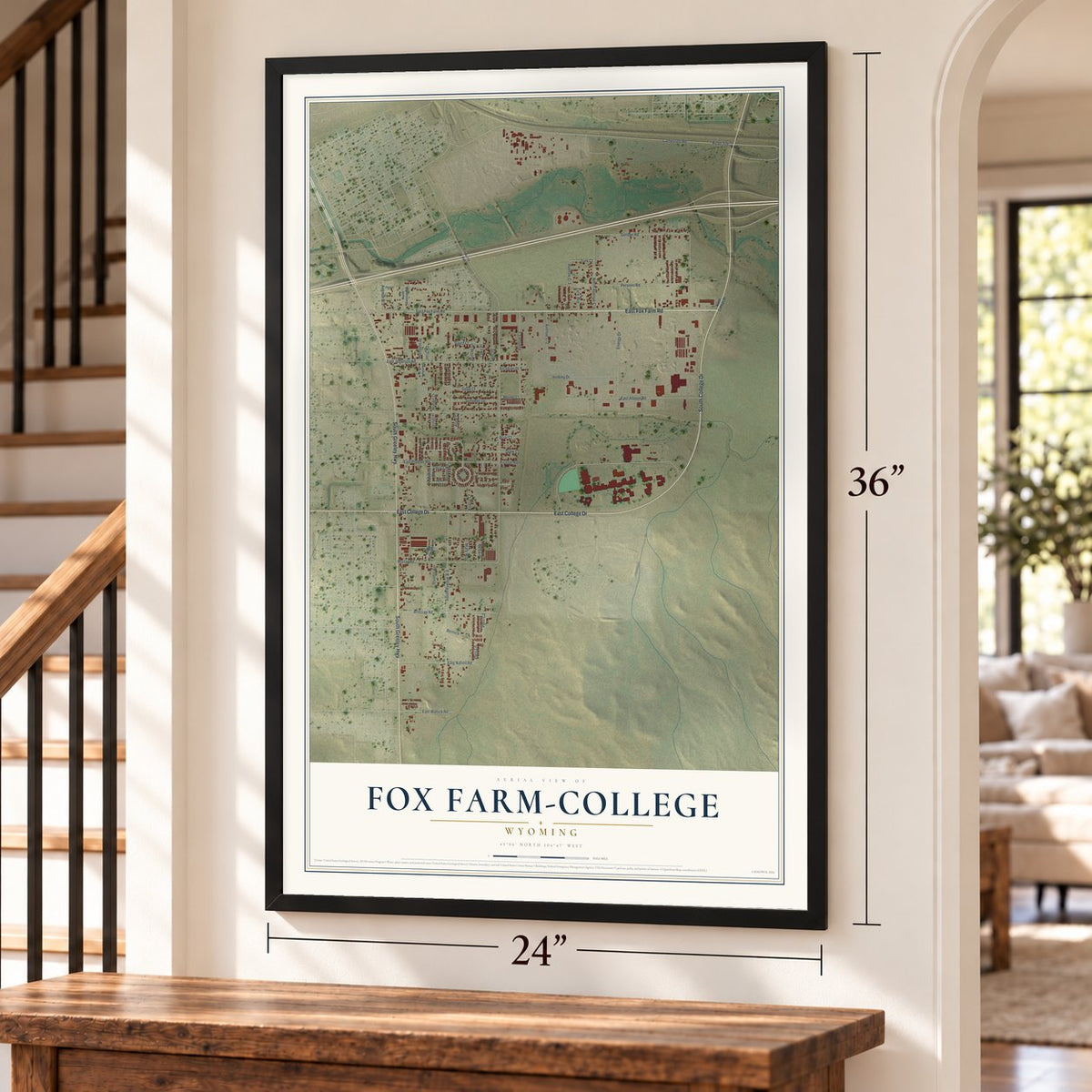 Fox Farm-College, Wyoming map, 24 x 36 inch print in a black frame by a staircase