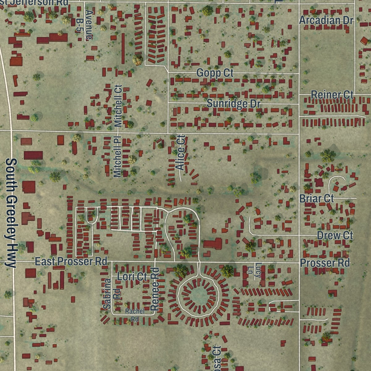 Close-up of the map of Fox Farm-College, Wyoming print showing street and building detail