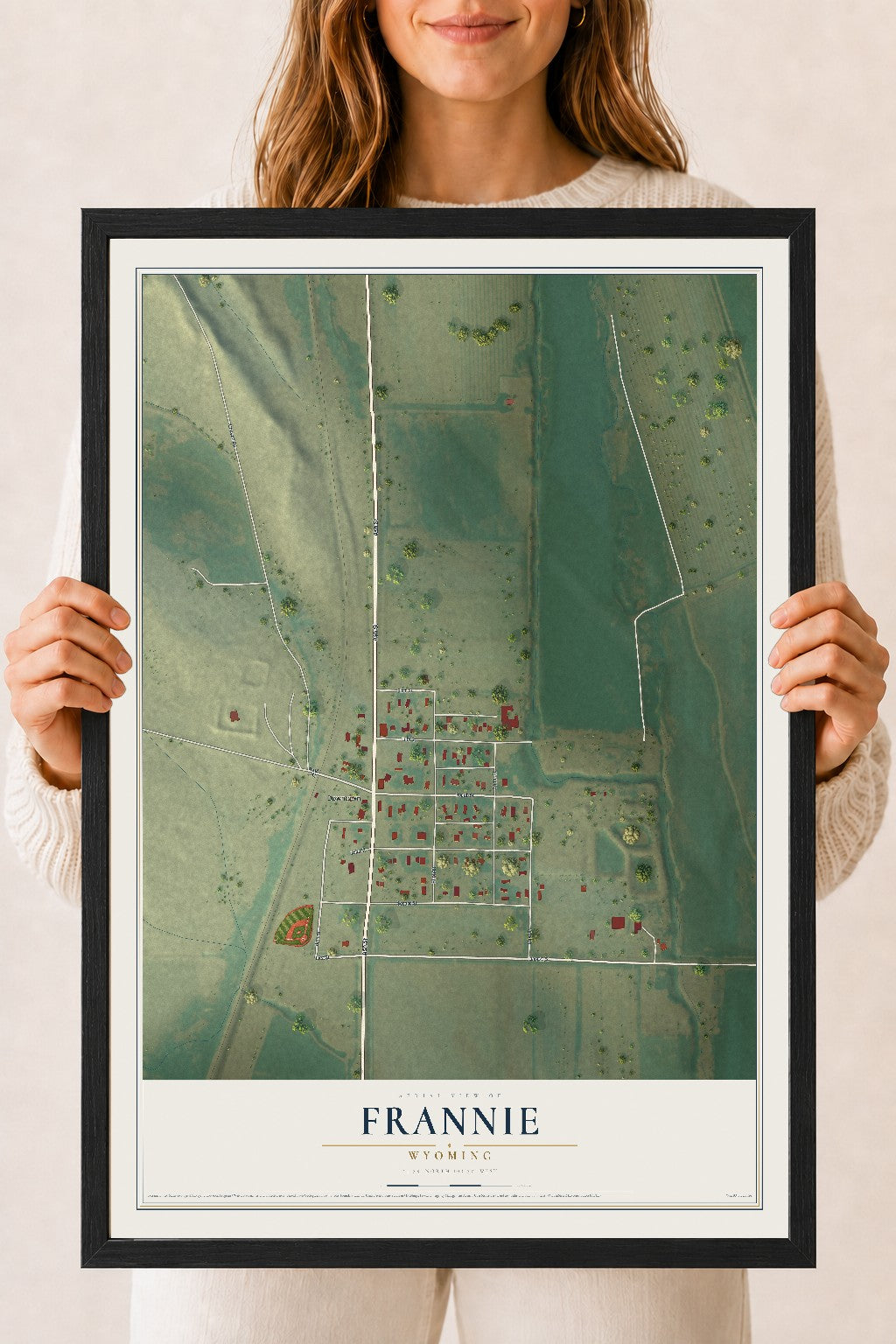 Map of Frannie, Wyoming, 18 x 24 inch print in a black wood frame
