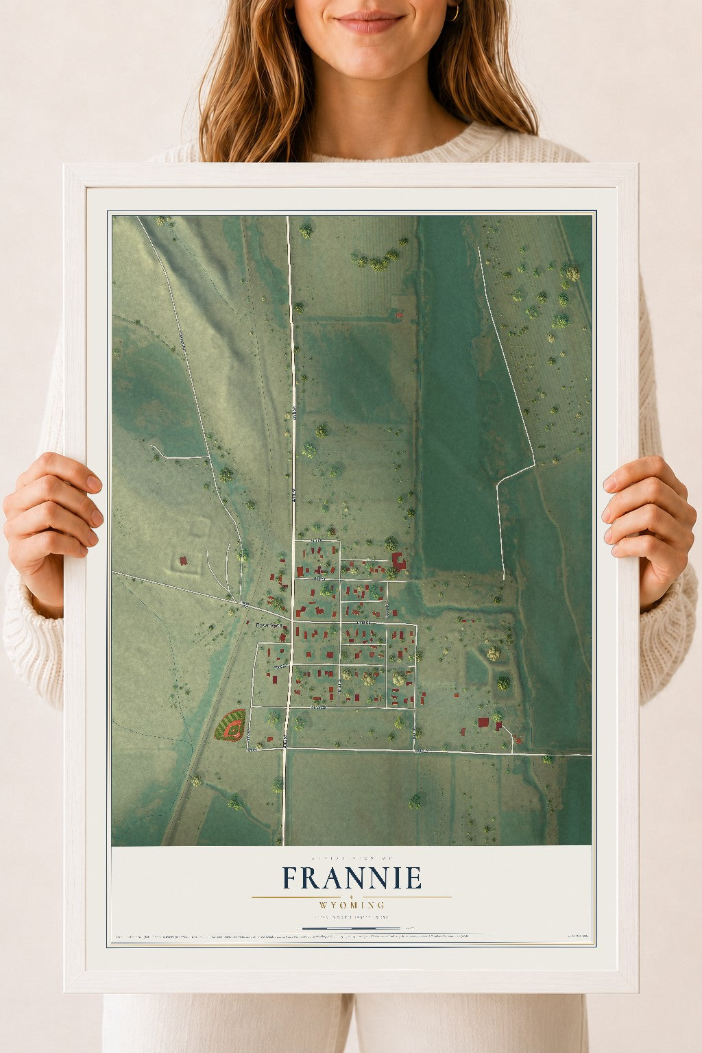 Map of Frannie, Wyoming, 18 x 24 inch print in a white wood frame