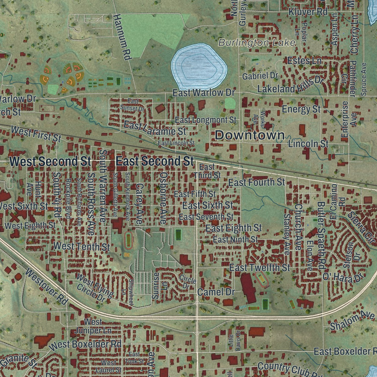 Close-up of the map of Gillette, Wyoming print showing street and building detail