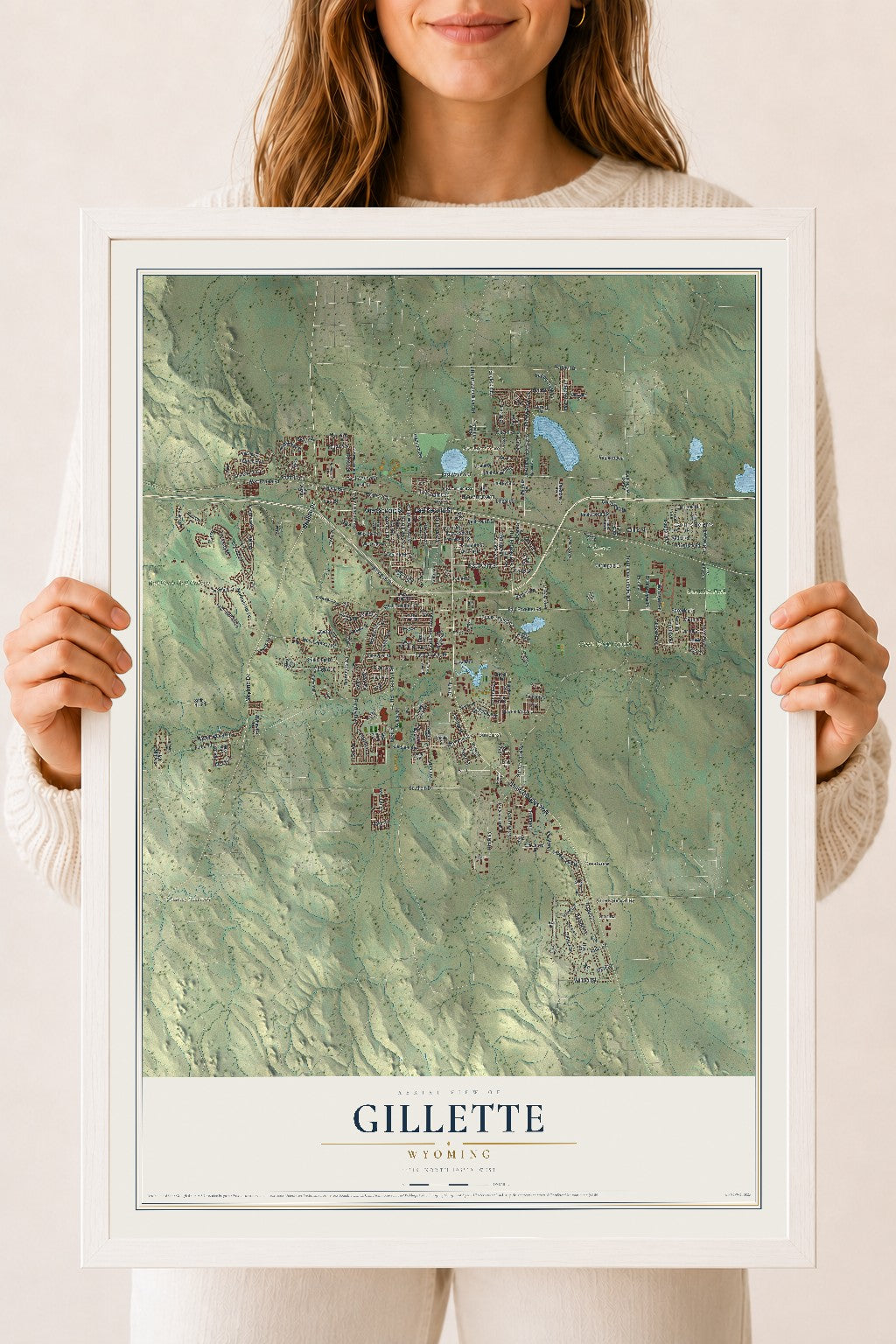 Map of Gillette, Wyoming, 18 x 24 inch print in a white wood frame