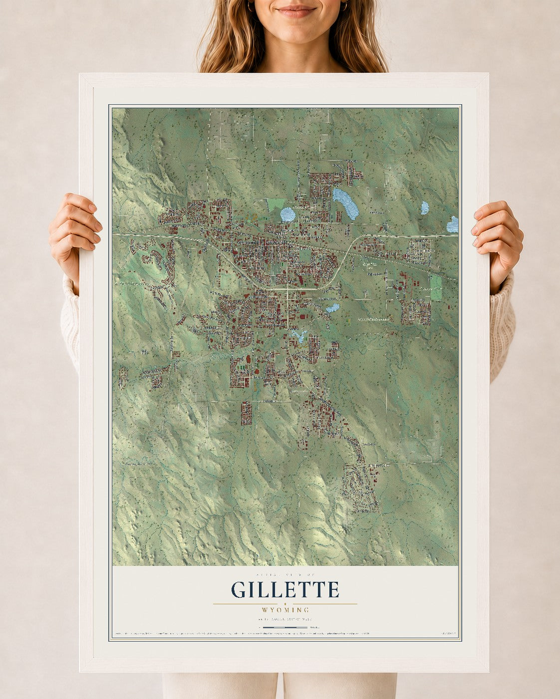 Map of Gillette, Wyoming, 24 x 36 inch print in a white wood frame