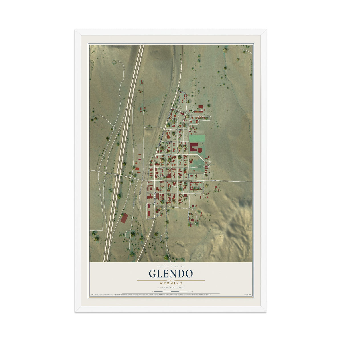 Map of Glendo, Wyoming, 12 x 18 inch print in a white wood frame