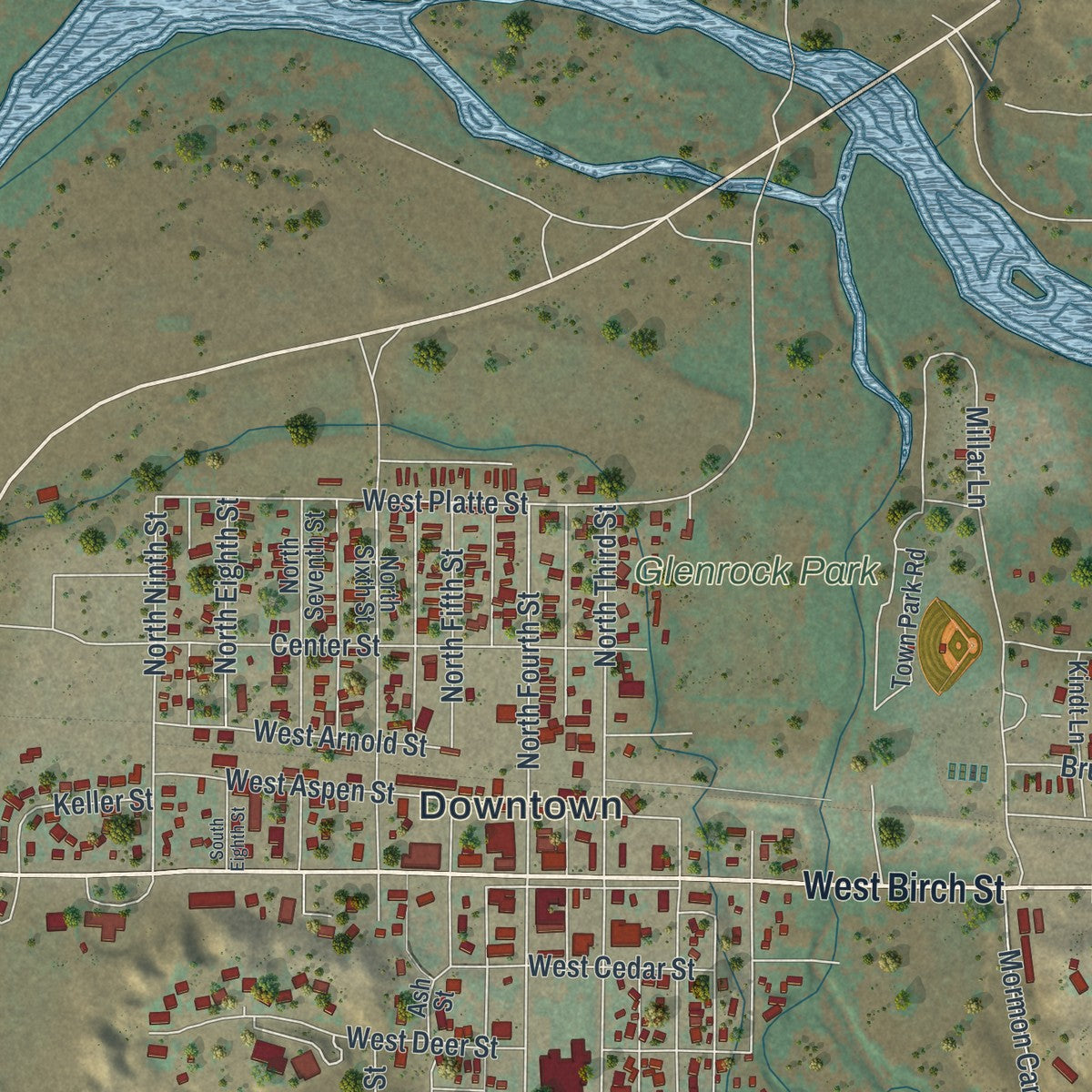 Close-up of the map of Glenrock, Wyoming print showing street and building detail