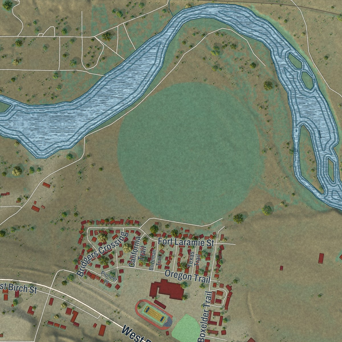 Second close-up of the map of Glenrock, Wyoming print showing more streets and buildings