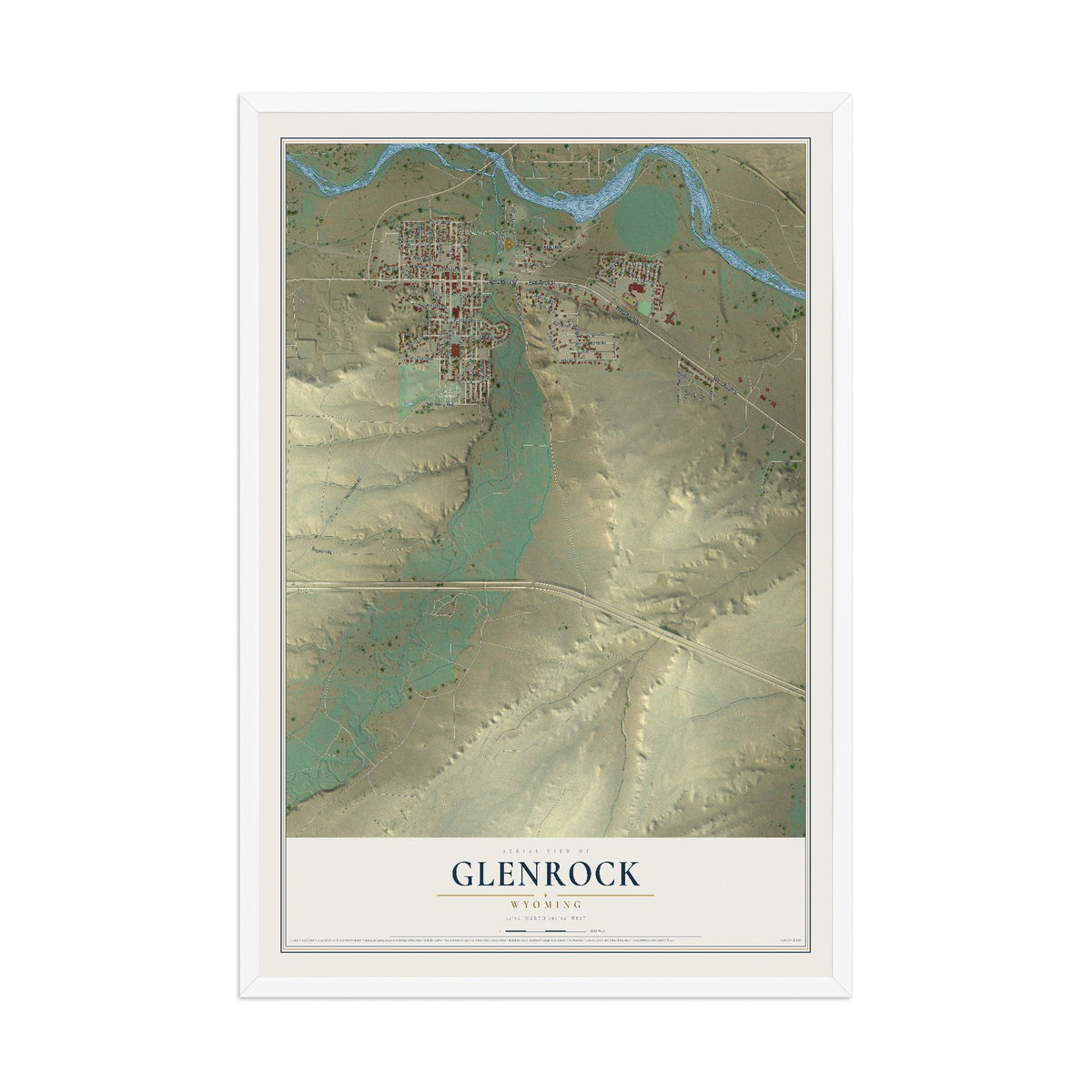 Map of Glenrock, Wyoming, 12 x 18 inch print in a white wood frame