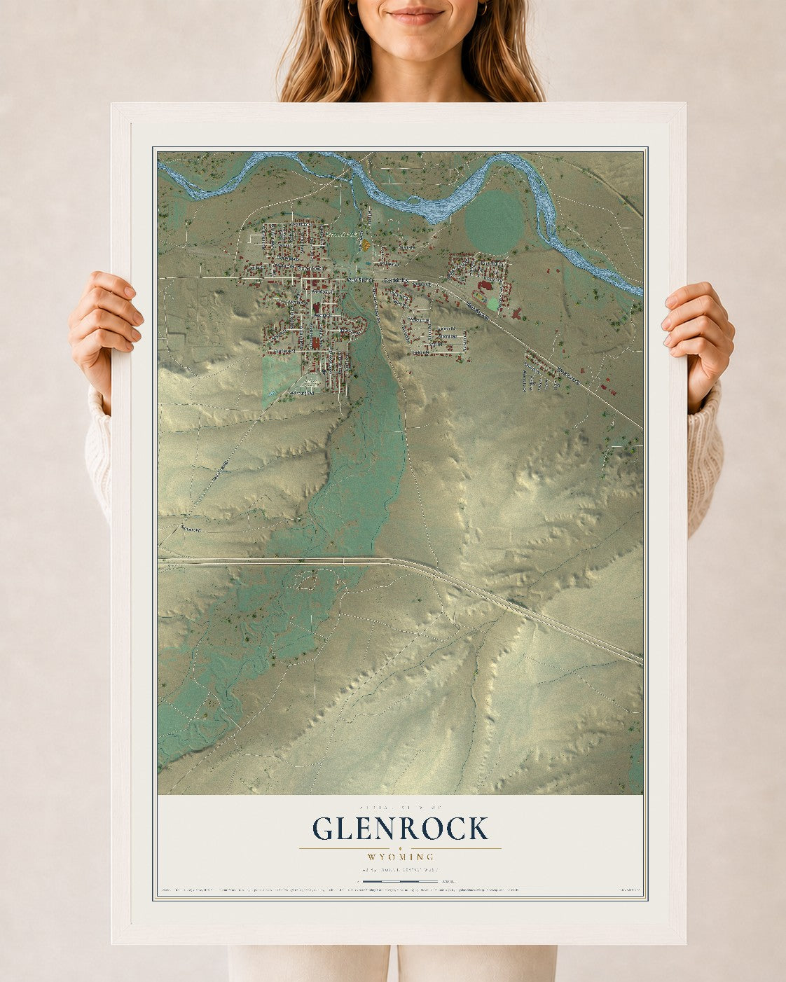 Map of Glenrock, Wyoming, 24 x 36 inch print in a white wood frame