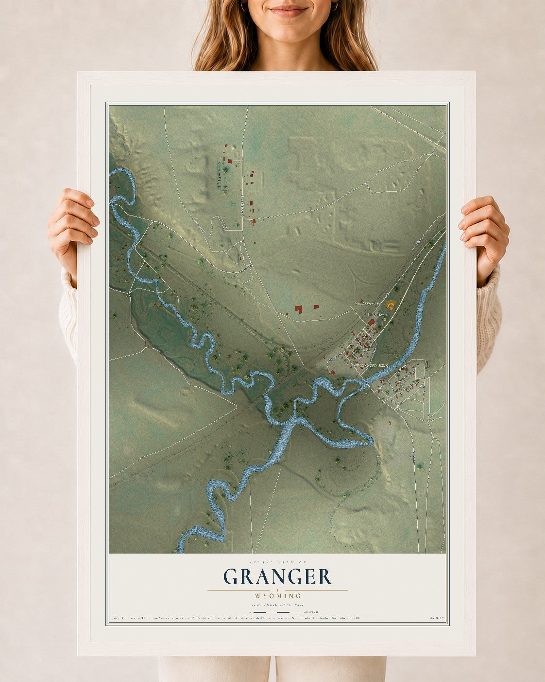 Map of Granger, Wyoming, 24 x 36 inch print in a white wood frame