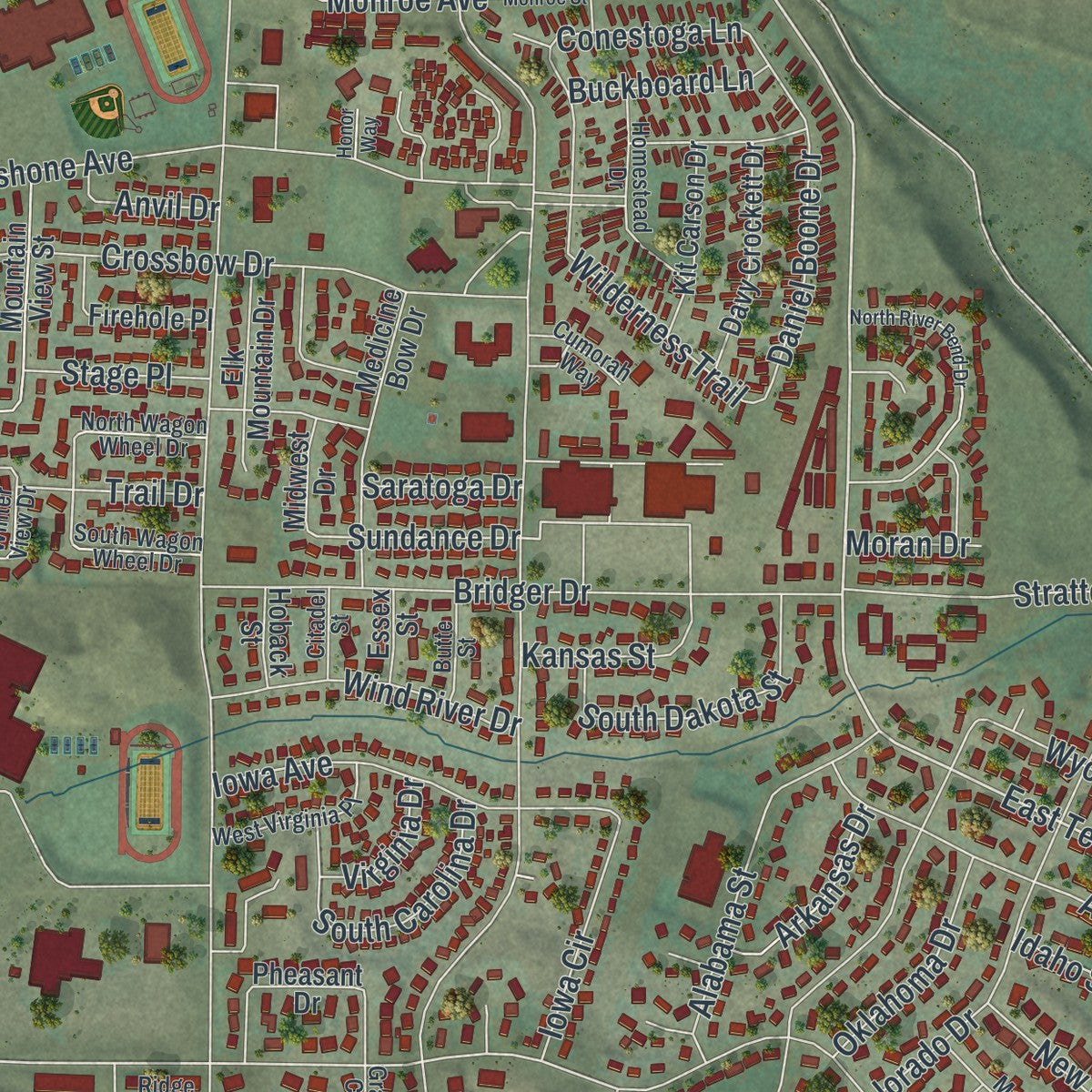 Close-up of the map of Green River, Wyoming print showing street and building detail