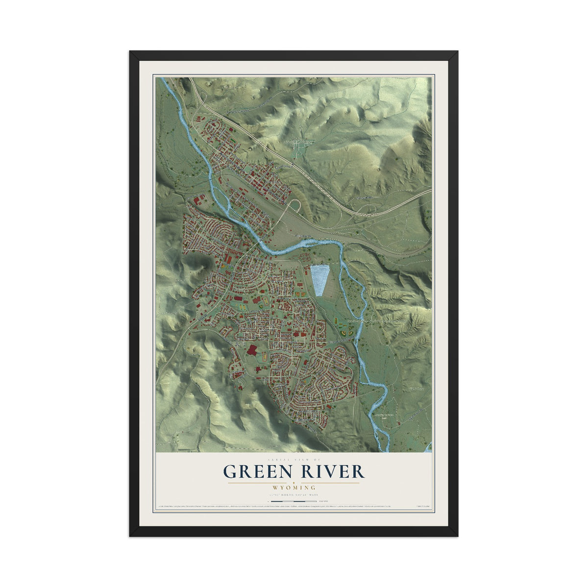 Map of Green River, Wyoming, 12 x 18 inch print in a black wood frame