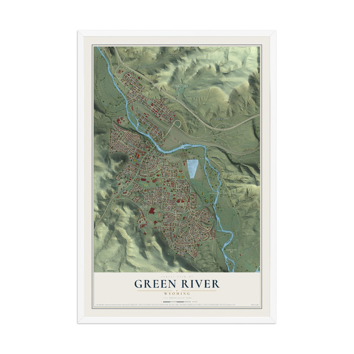 Map of Green River, Wyoming, 12 x 18 inch print in a white wood frame