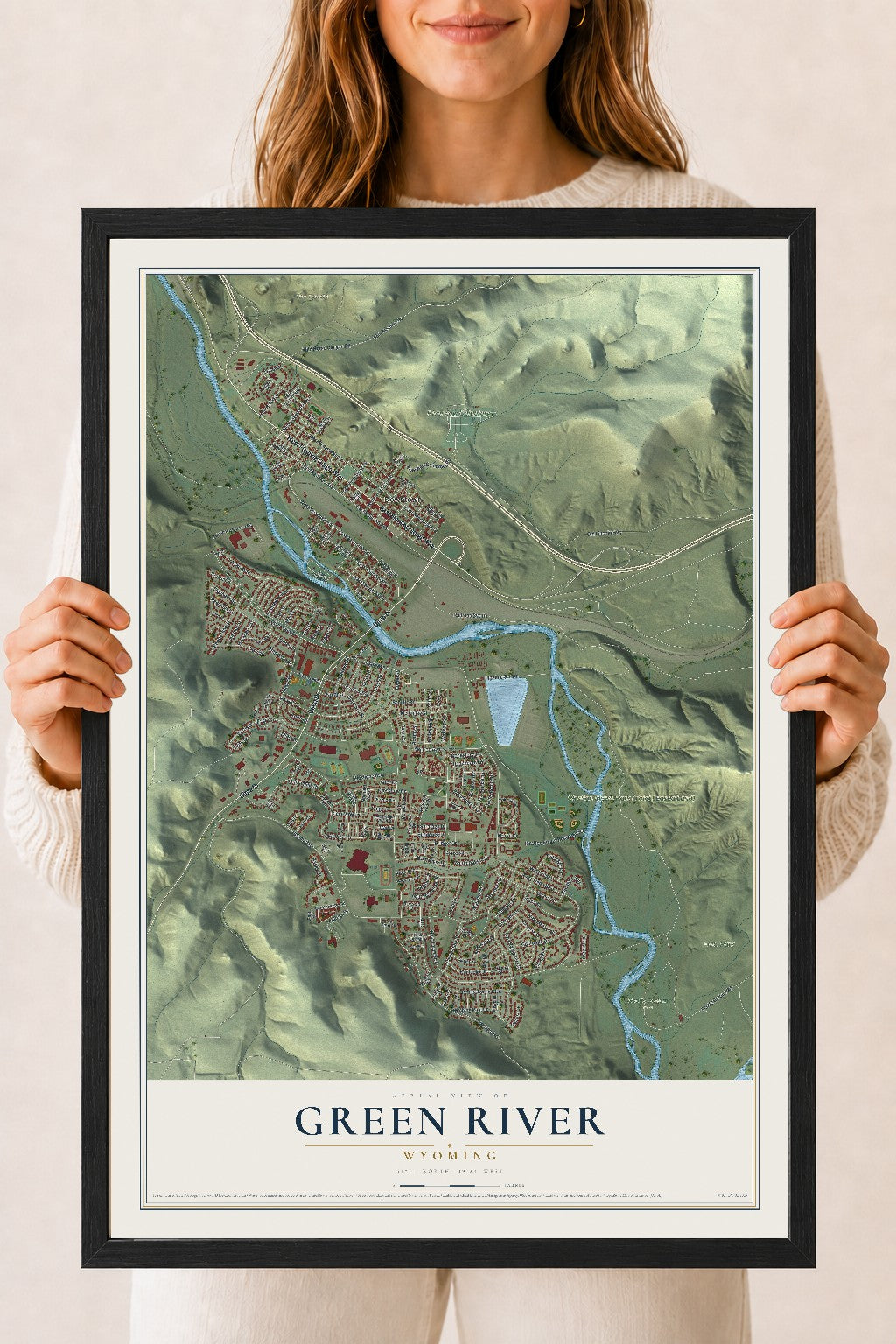 Map of Green River, Wyoming, 18 x 24 inch print in a black wood frame