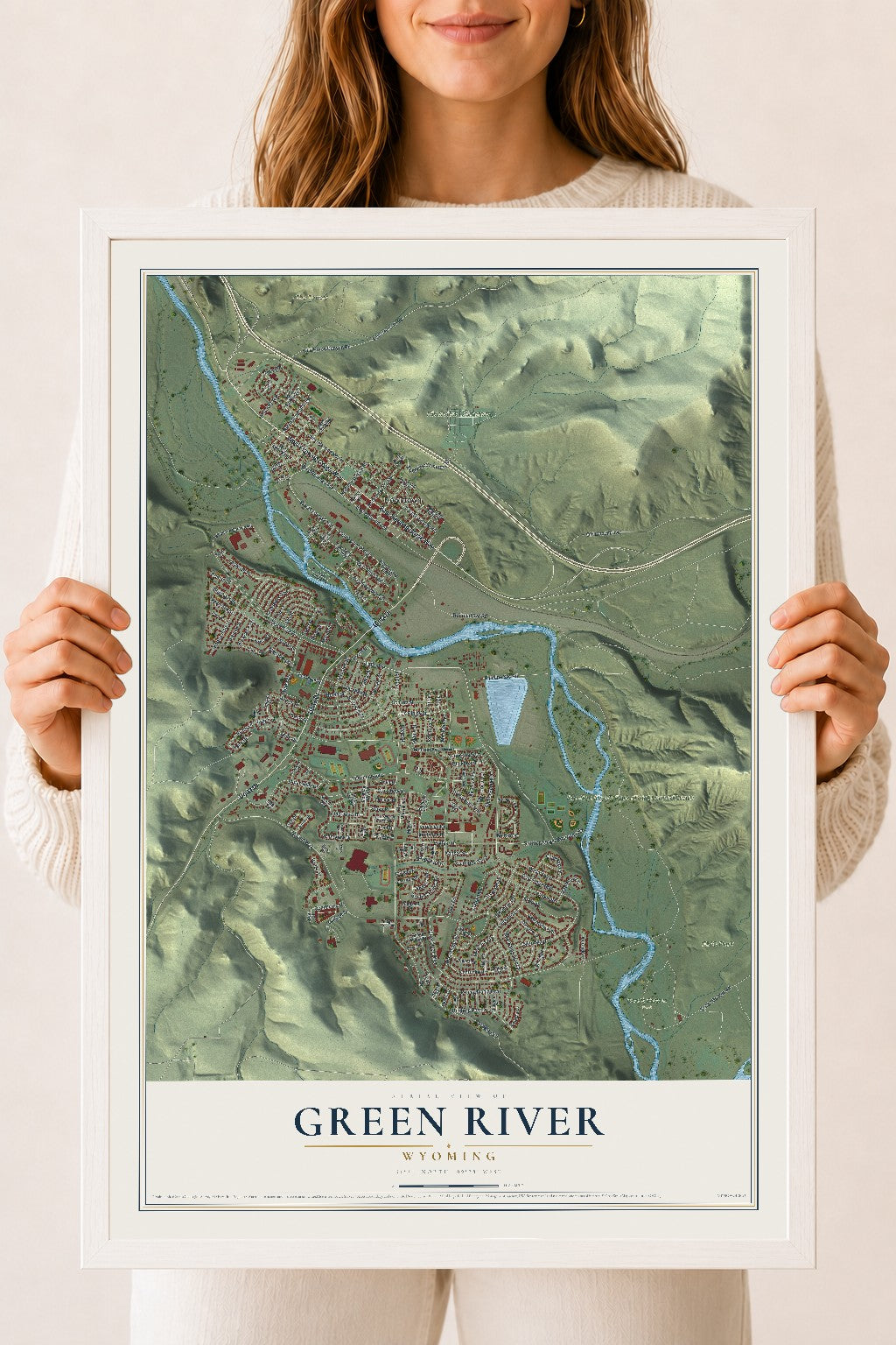 Map of Green River, Wyoming, 18 x 24 inch print in a white wood frame