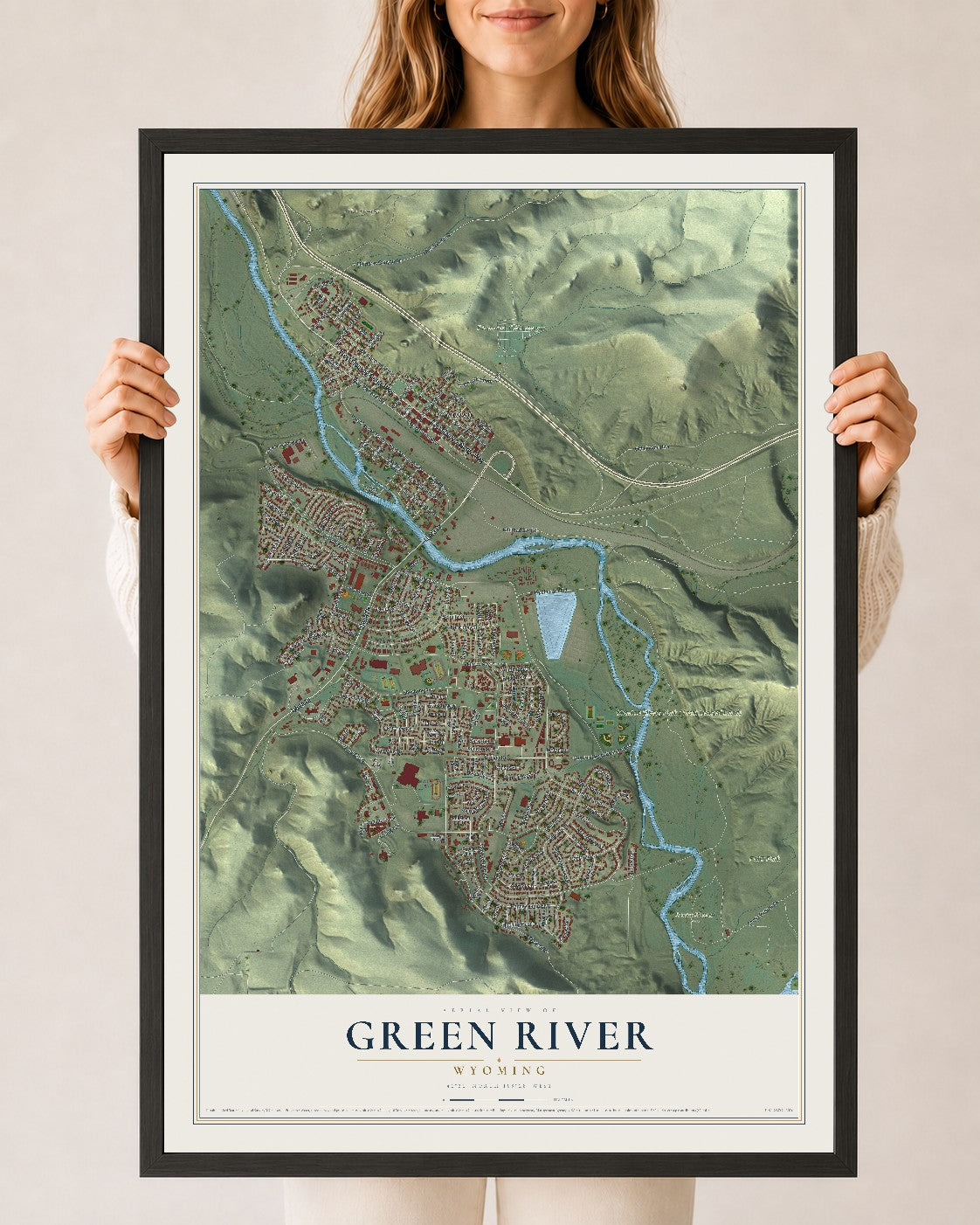 Map of Green River, Wyoming, 24 x 36 inch print in a black wood frame