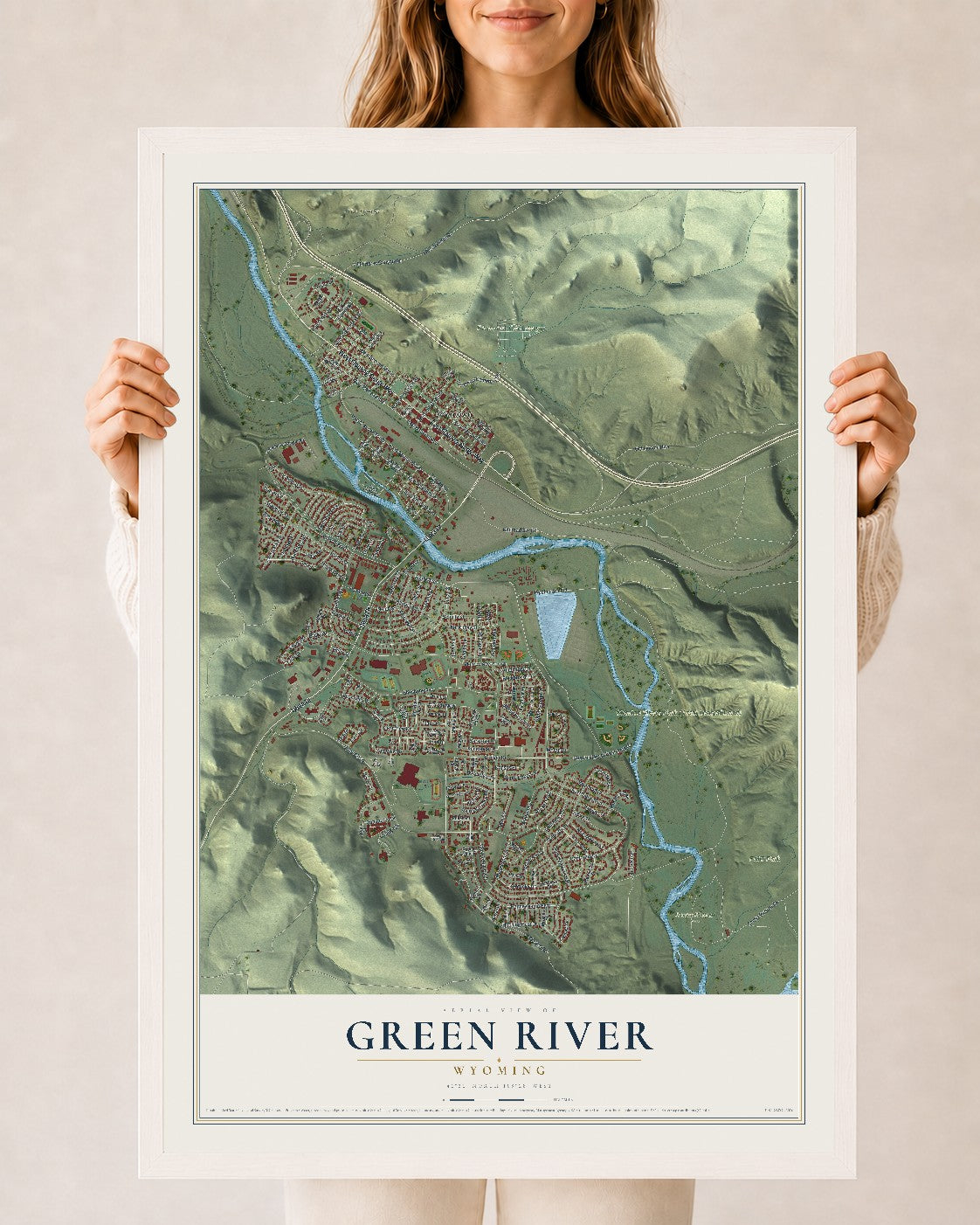 Map of Green River, Wyoming, 24 x 36 inch print in a white wood frame