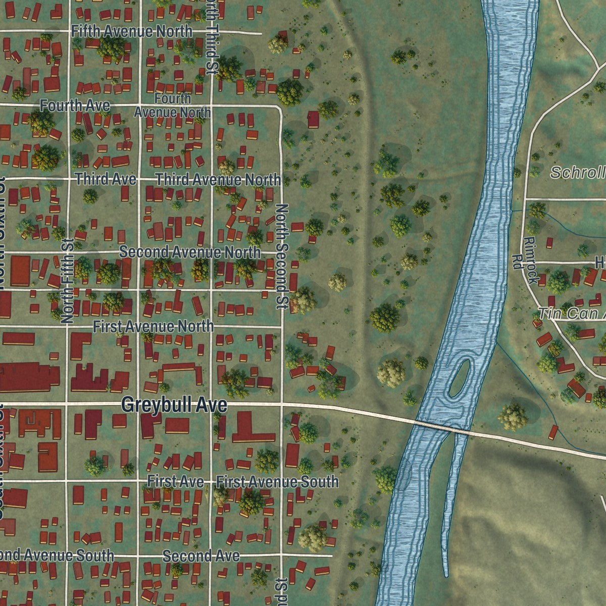 Close-up of the map of Greybull, Wyoming print showing street and building detail