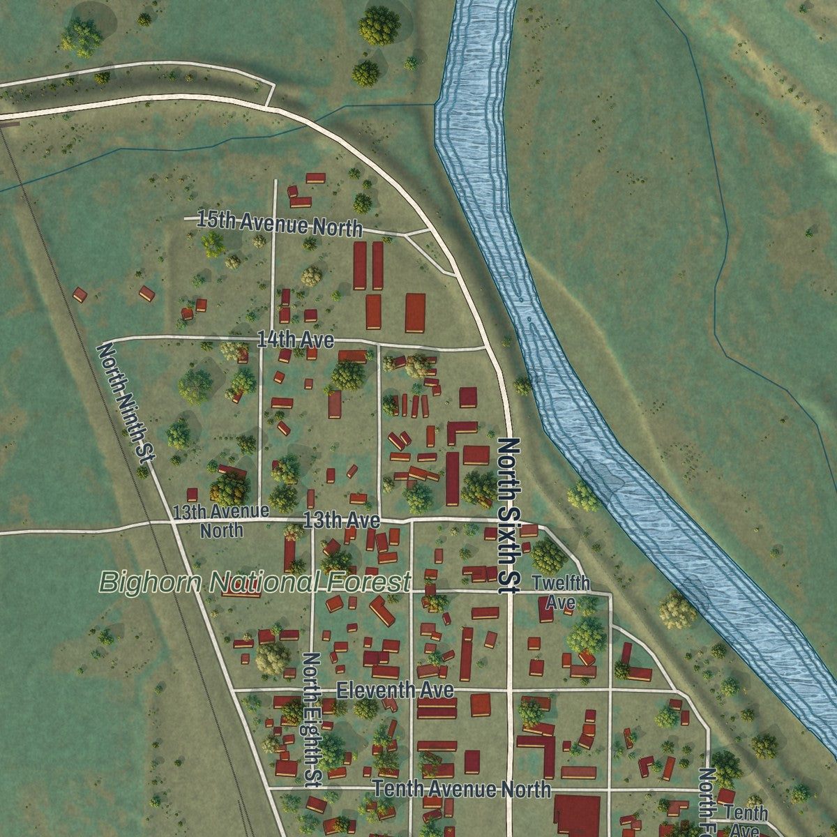 Second close-up of the map of Greybull, Wyoming print showing more streets and buildings