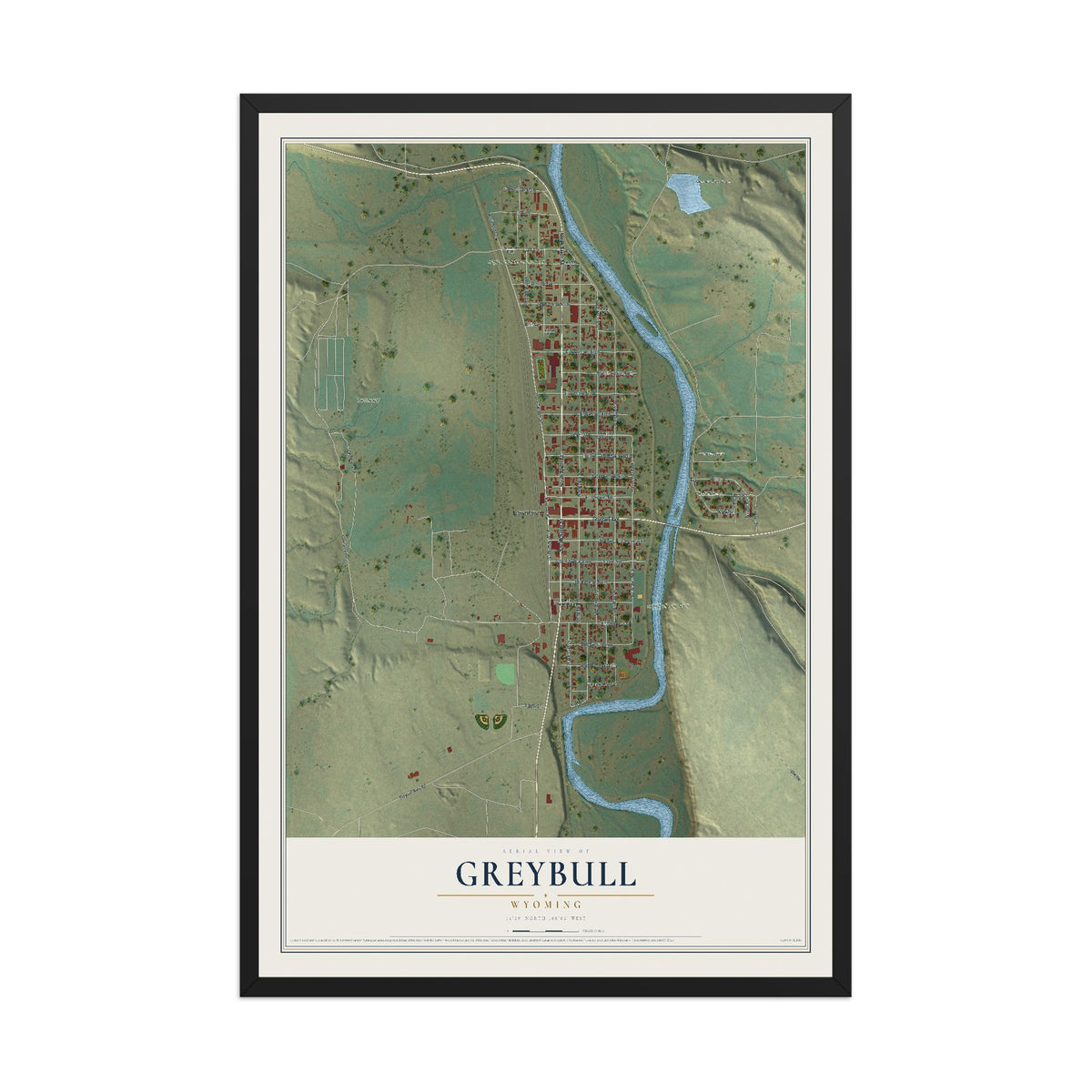 Map of Greybull, Wyoming, 12 x 18 inch print in a black wood frame