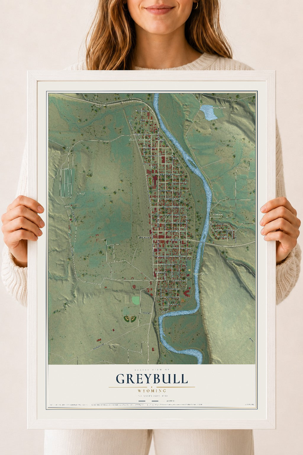 Map of Greybull, Wyoming, 18 x 24 inch print in a white wood frame