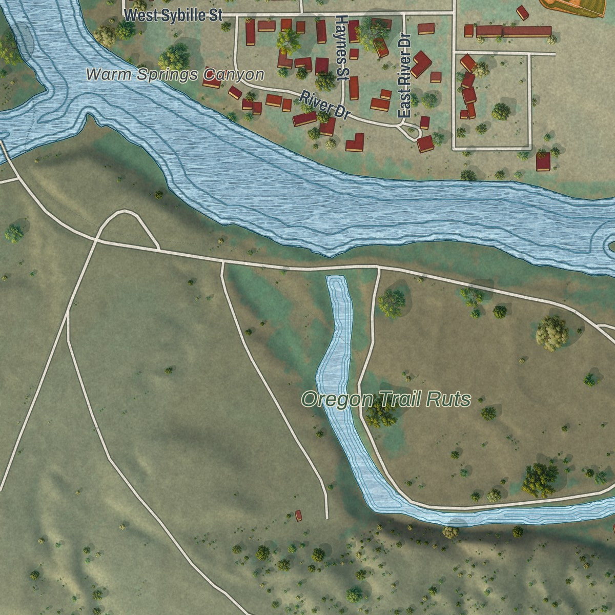 Second close-up of the map of Guernsey, Wyoming print showing more streets and buildings