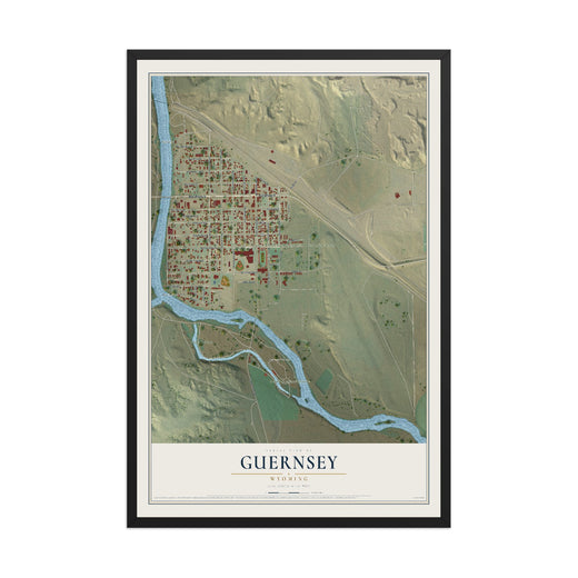 Map of Guernsey, Wyoming, 12 x 18 inch print in a black wood frame