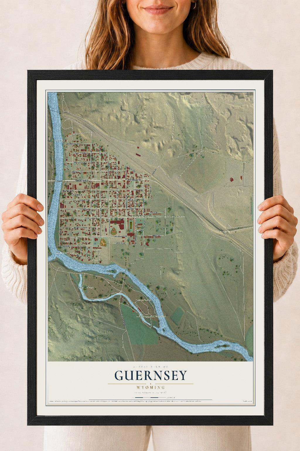 Map of Guernsey, Wyoming, 18 x 24 inch print in a black wood frame