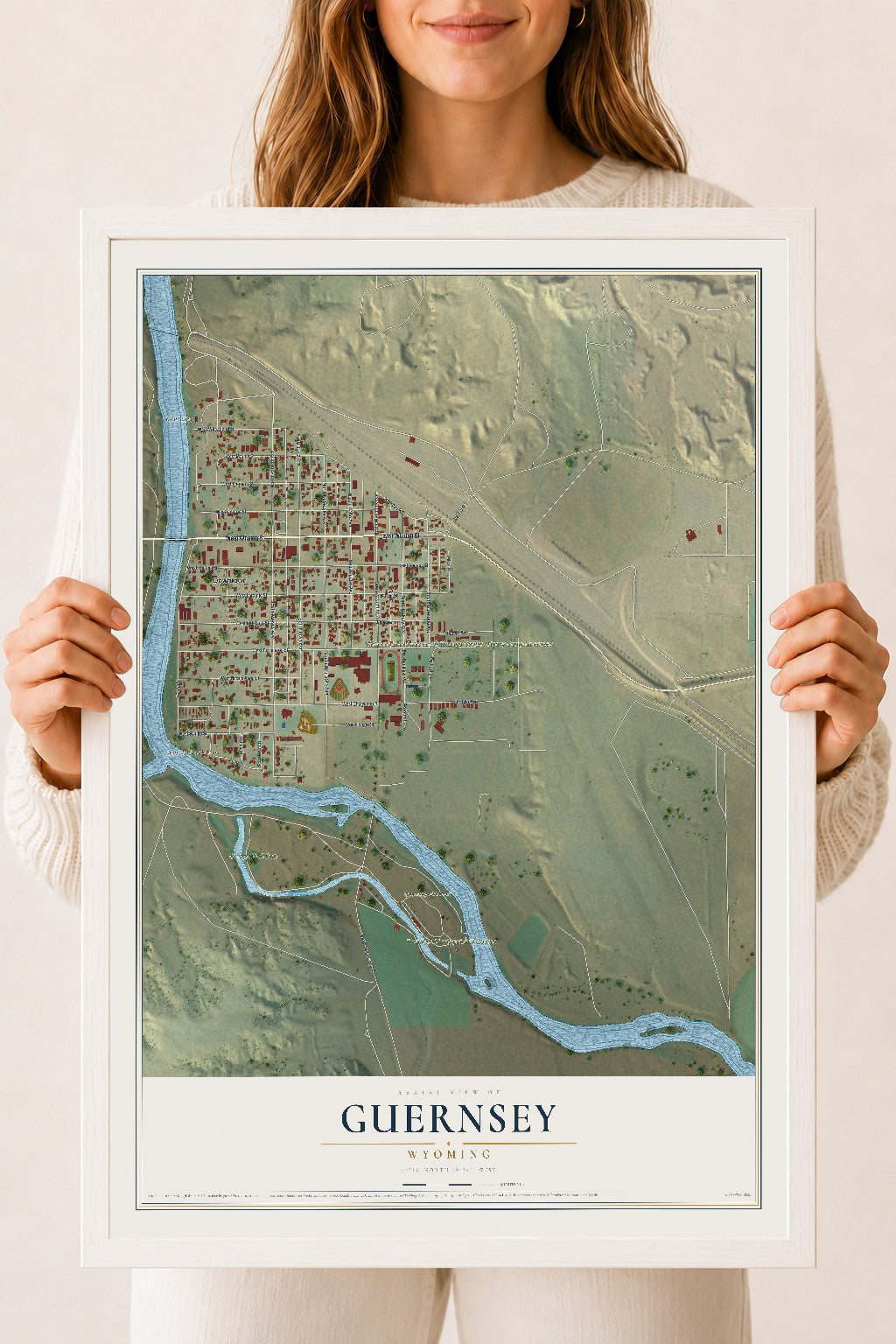 Map of Guernsey, Wyoming, 18 x 24 inch print in a white wood frame