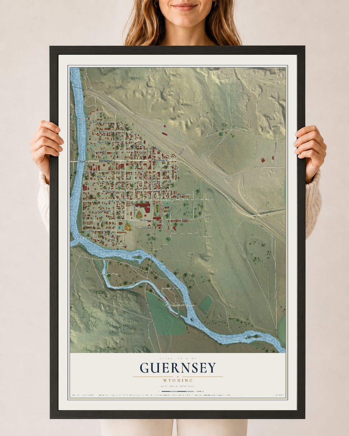 Map of Guernsey, Wyoming, 24 x 36 inch print in a black wood frame