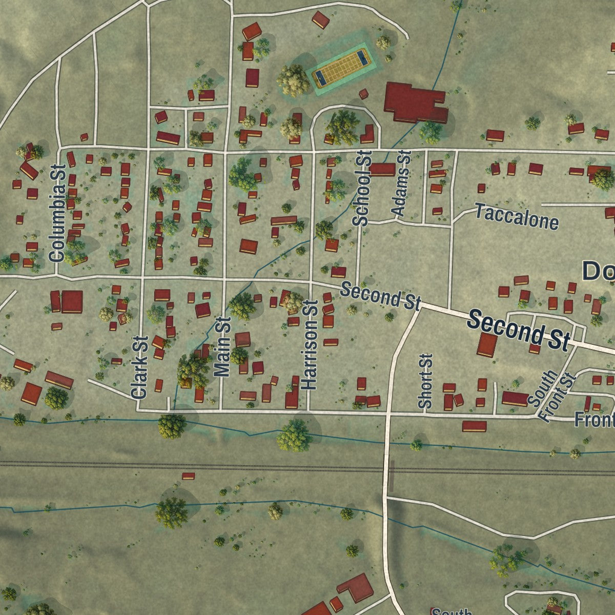 Close-up of the map of Hanna, Wyoming print showing street and building detail