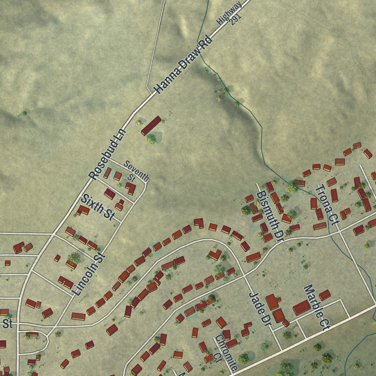 Second close-up of the map of Hanna, Wyoming print showing more streets and buildings