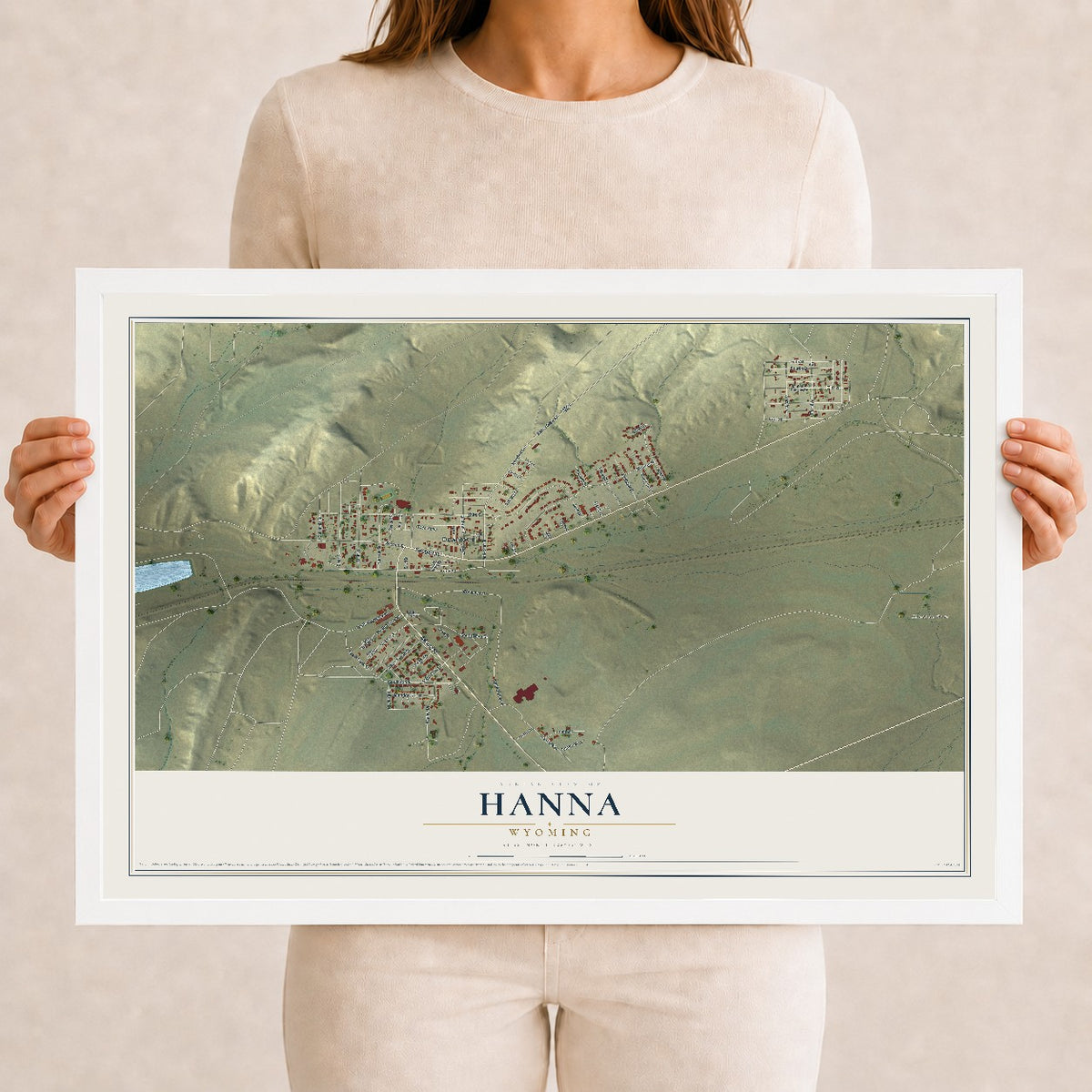 Map of Hanna, Wyoming, 12 x 18 inch print in a white wood frame
