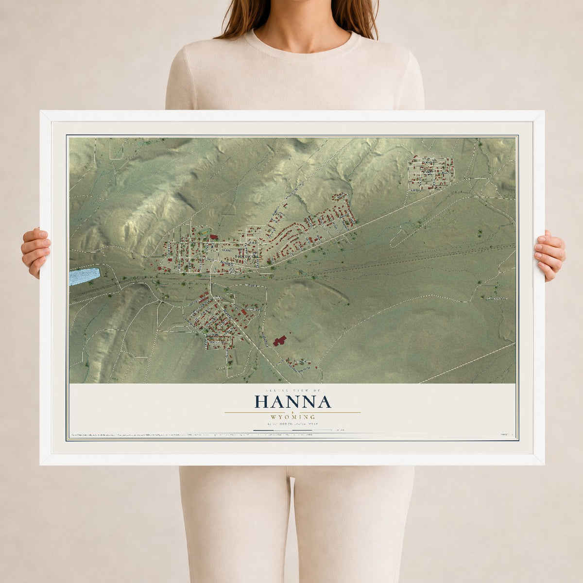 Map of Hanna, Wyoming, 24 x 36 inch print in a white wood frame