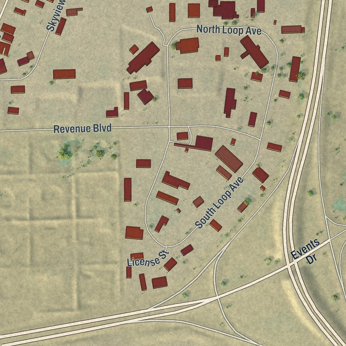 Close-up of the map of Hartrandt, Wyoming print showing street and building detail