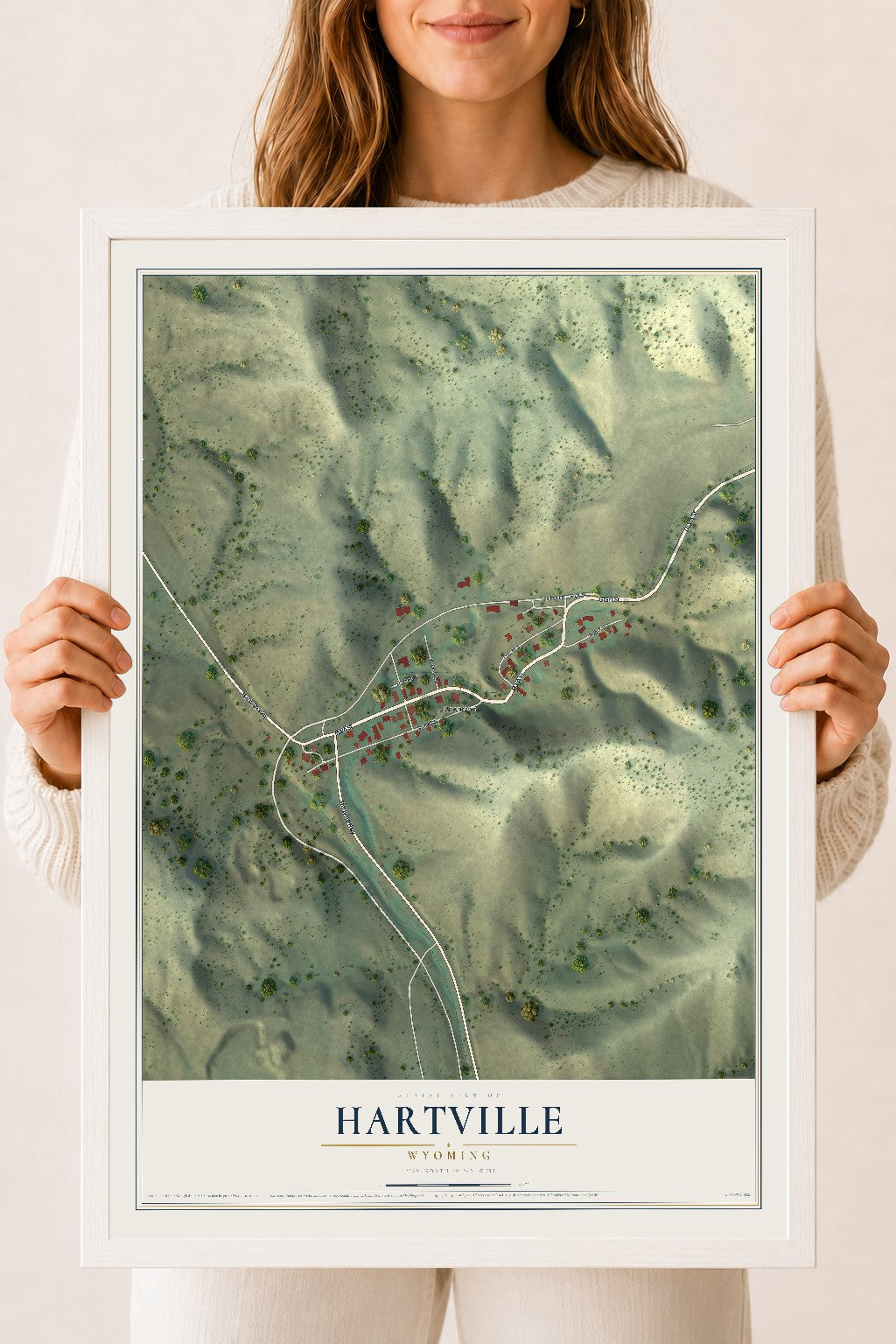 Map of Hartville, Wyoming, 18 x 24 inch print in a white wood frame