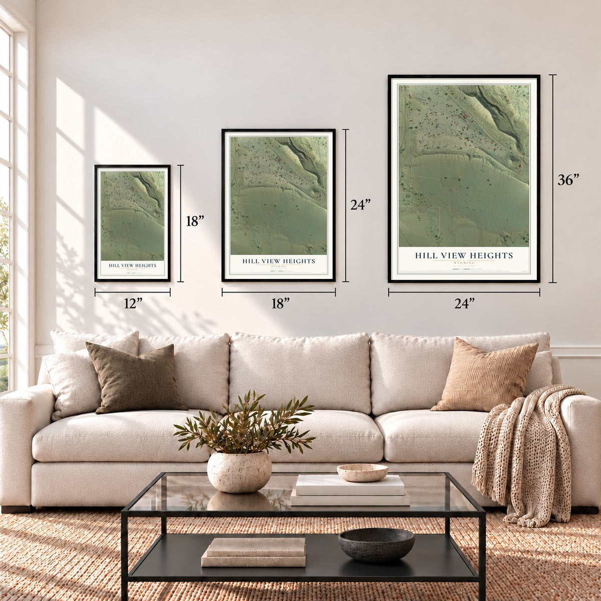 Hill View Heights, Wyoming map in 12 x 18, 18 x 24 and 24 x 36 inch sizes above a sofa