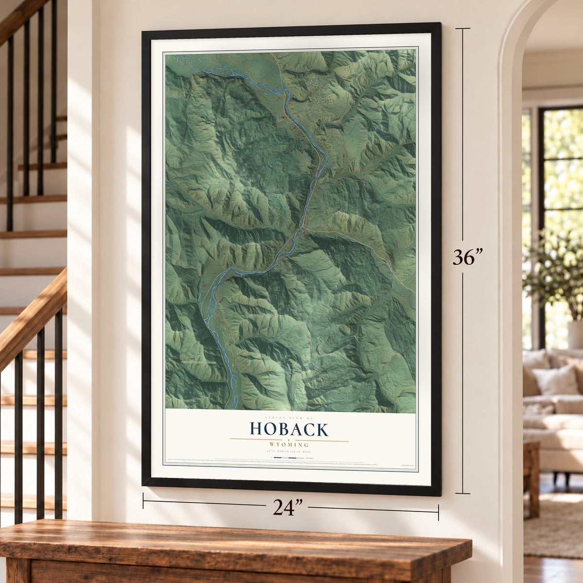 Hoback, Wyoming map, 24 x 36 inch print in a black frame by a staircase