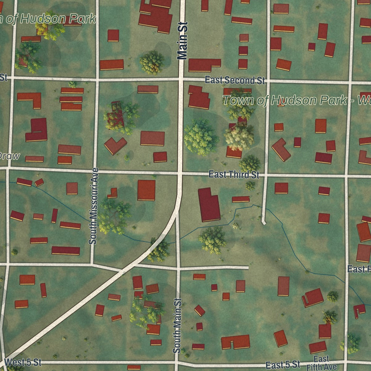 Close-up of the map of Hudson, Wyoming print showing street and building detail