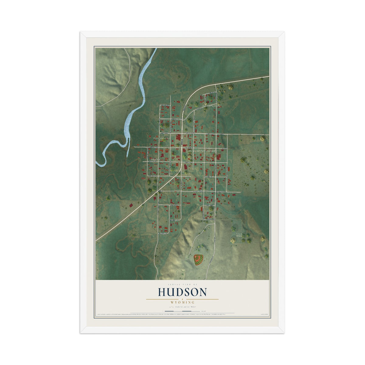 Map of Hudson, Wyoming, 12 x 18 inch print in a white wood frame
