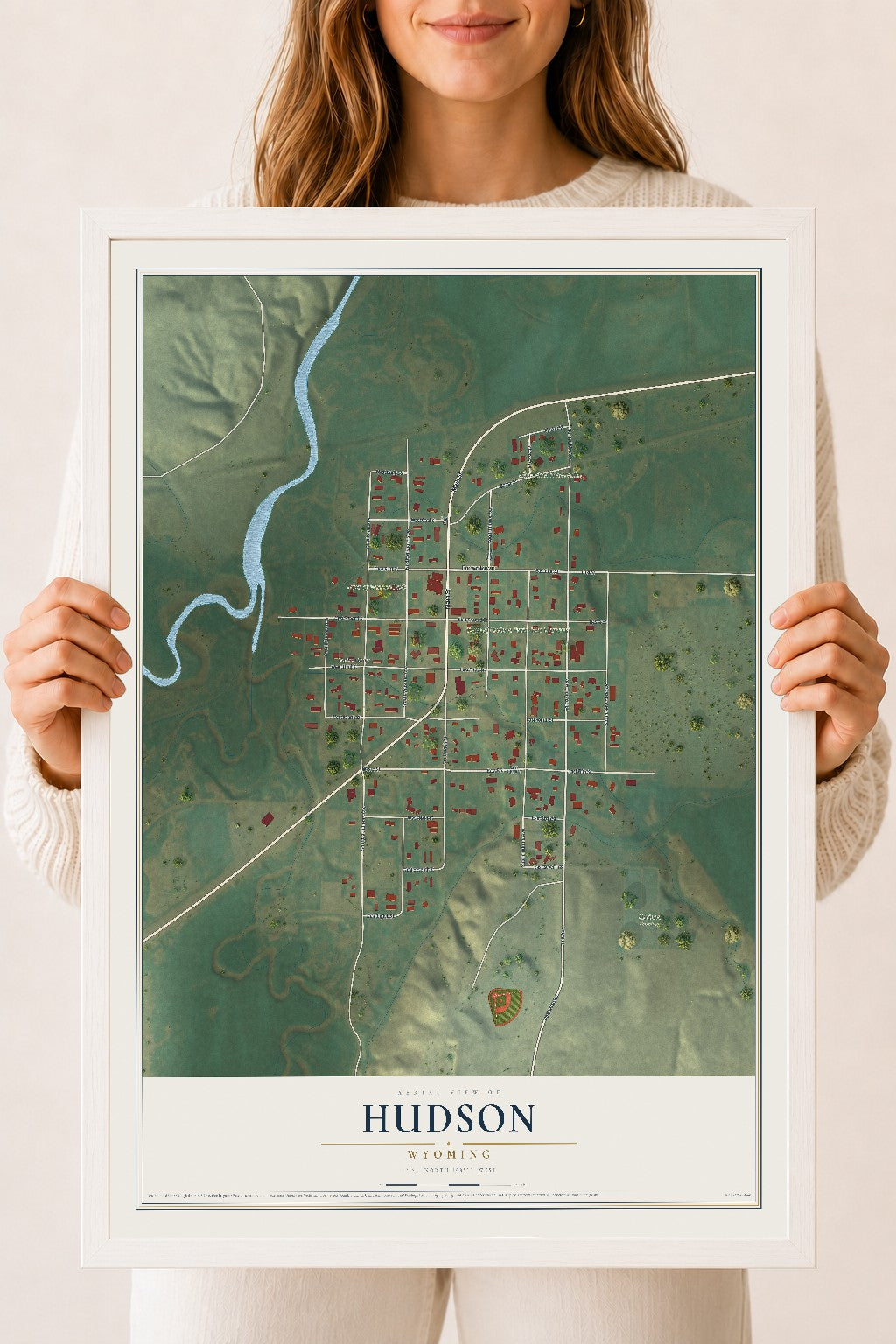 Map of Hudson, Wyoming, 18 x 24 inch print in a white wood frame
