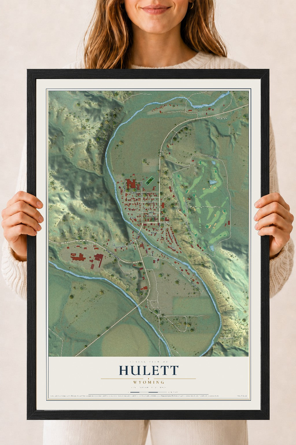 Map of Hulett, Wyoming, 18 x 24 inch print in a black wood frame