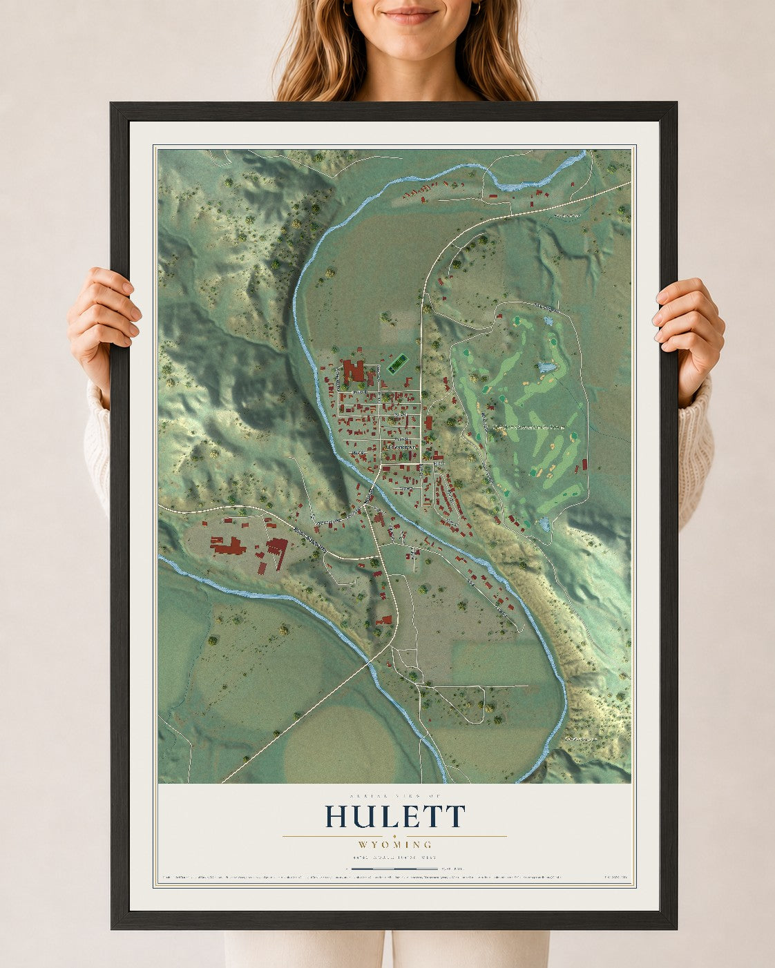 Map of Hulett, Wyoming, 24 x 36 inch print in a black wood frame