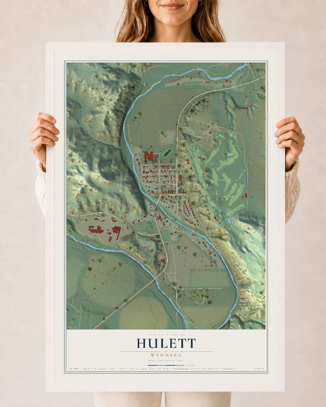 Map of Hulett, Wyoming, 24 x 36 inch print in a white wood frame
