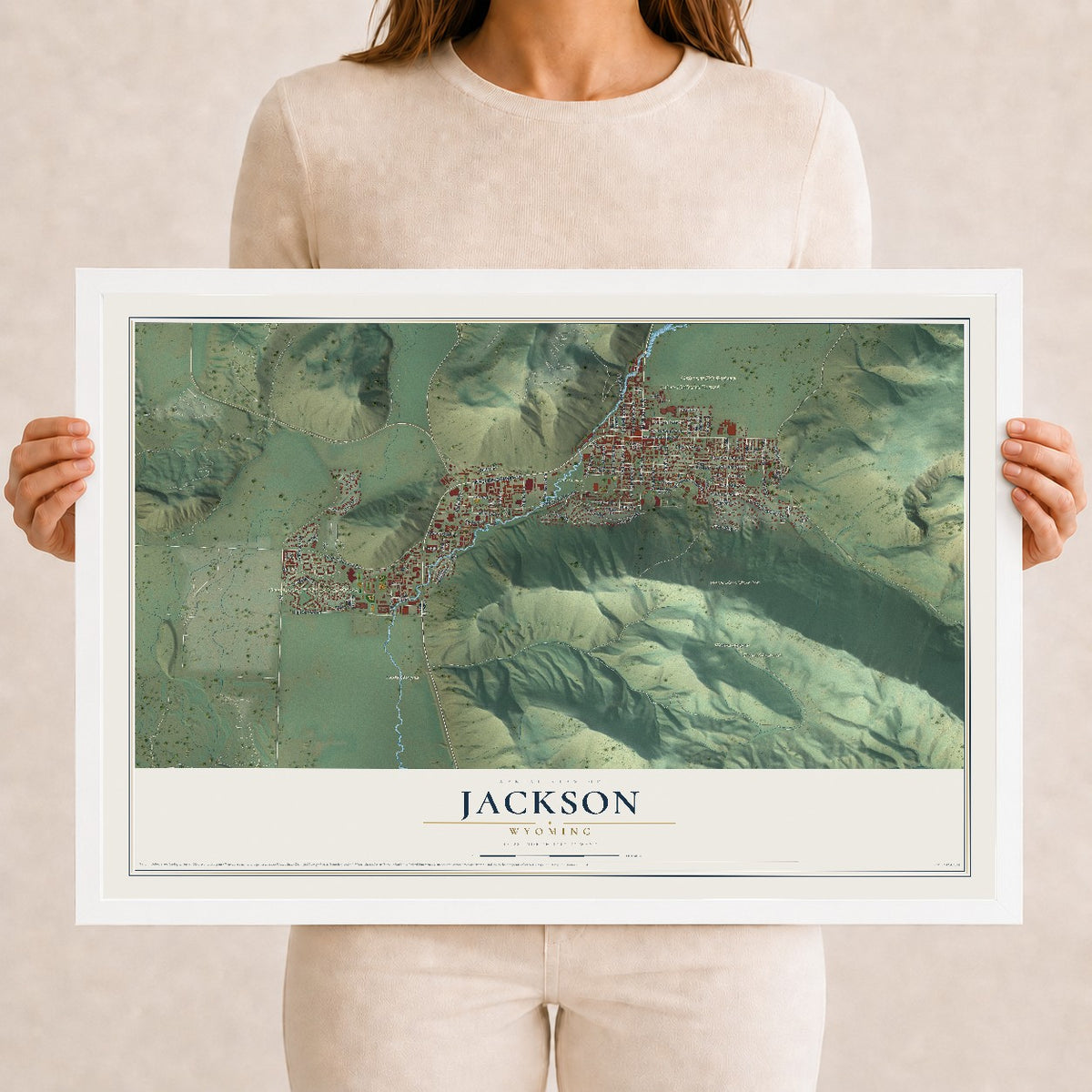 Map of Jackson, Wyoming, 12 x 18 inch print in a white wood frame