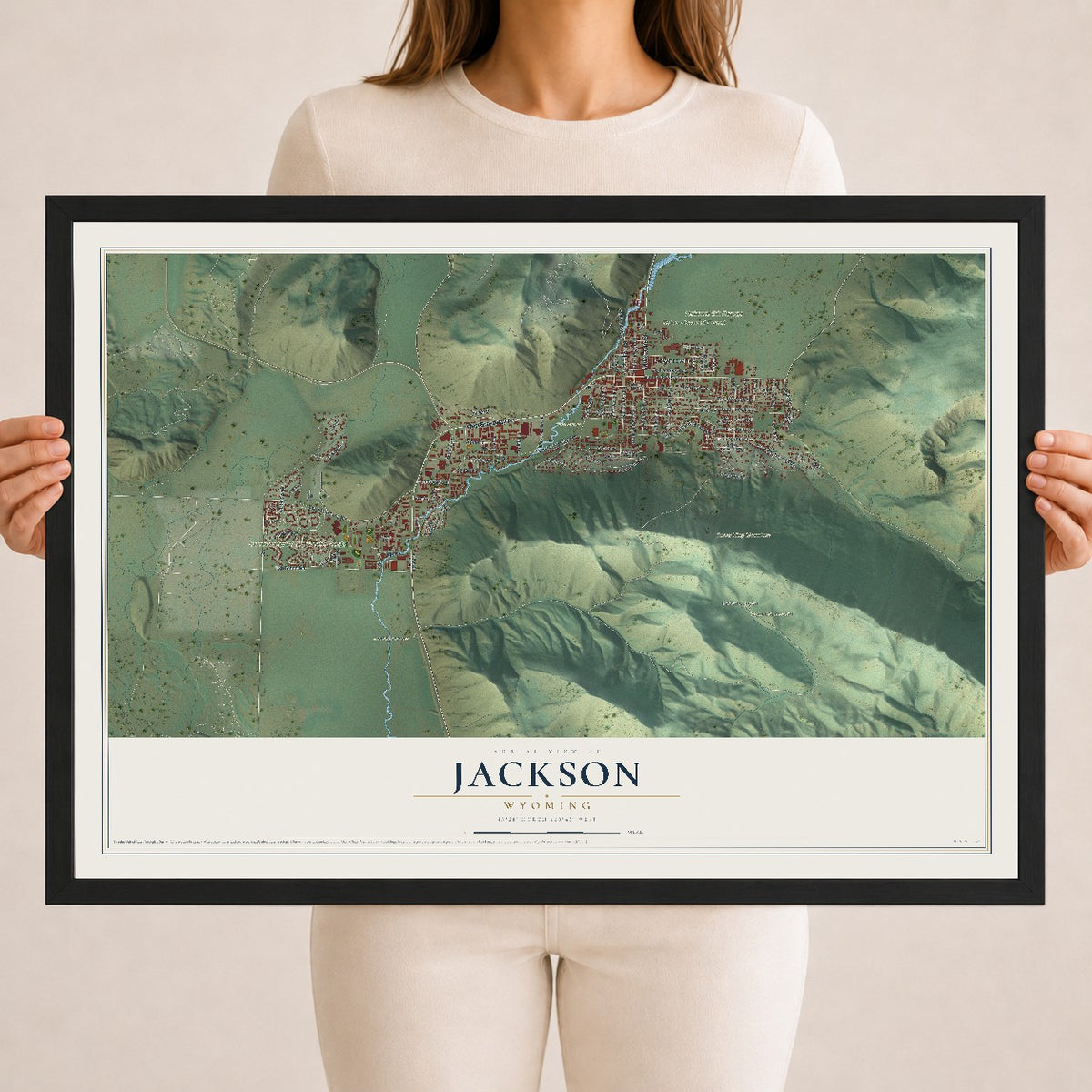 Map of Jackson, Wyoming, 18 x 24 inch print in a black wood frame