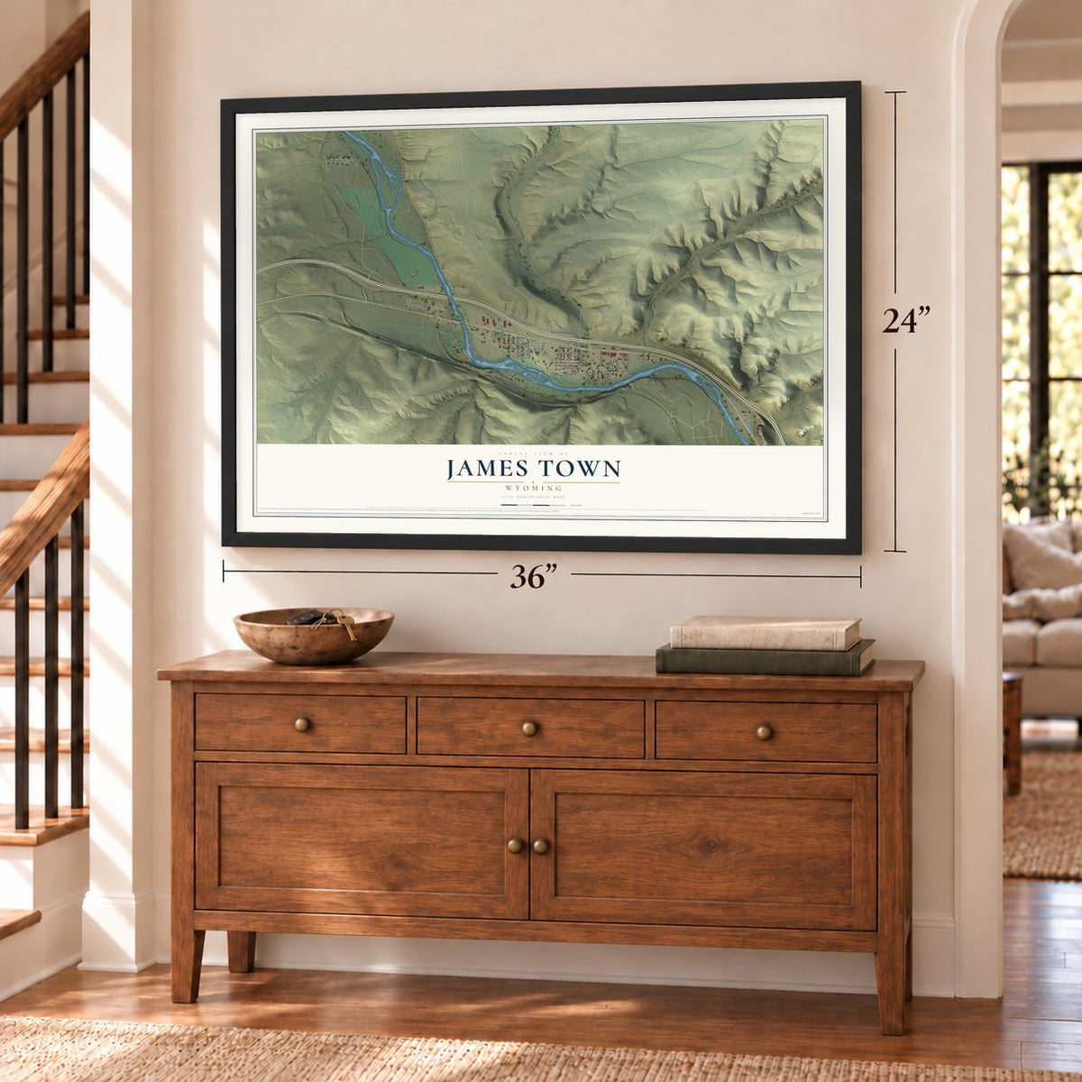 James Town, Wyoming map, 24 x 36 inch print in a black frame above a dresser by a staircase