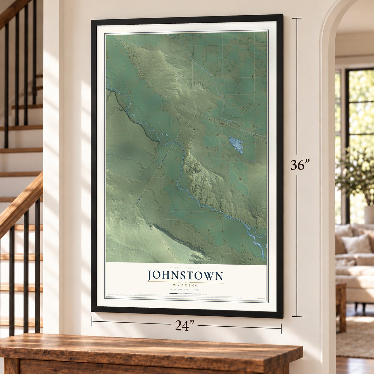Johnstown, Wyoming map, 24 x 36 inch print in a black frame by a staircase